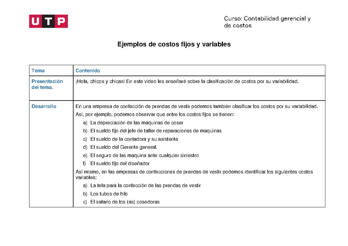 Semana 1 - PDF - Ejemplos de costos fijos y variables - Ejemplos de