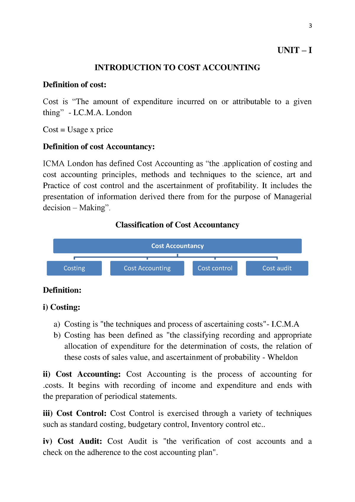 2nd year cost accounting unit 1 UNIT I INTRODUCTION TO COST ACCOUNTING Definition of