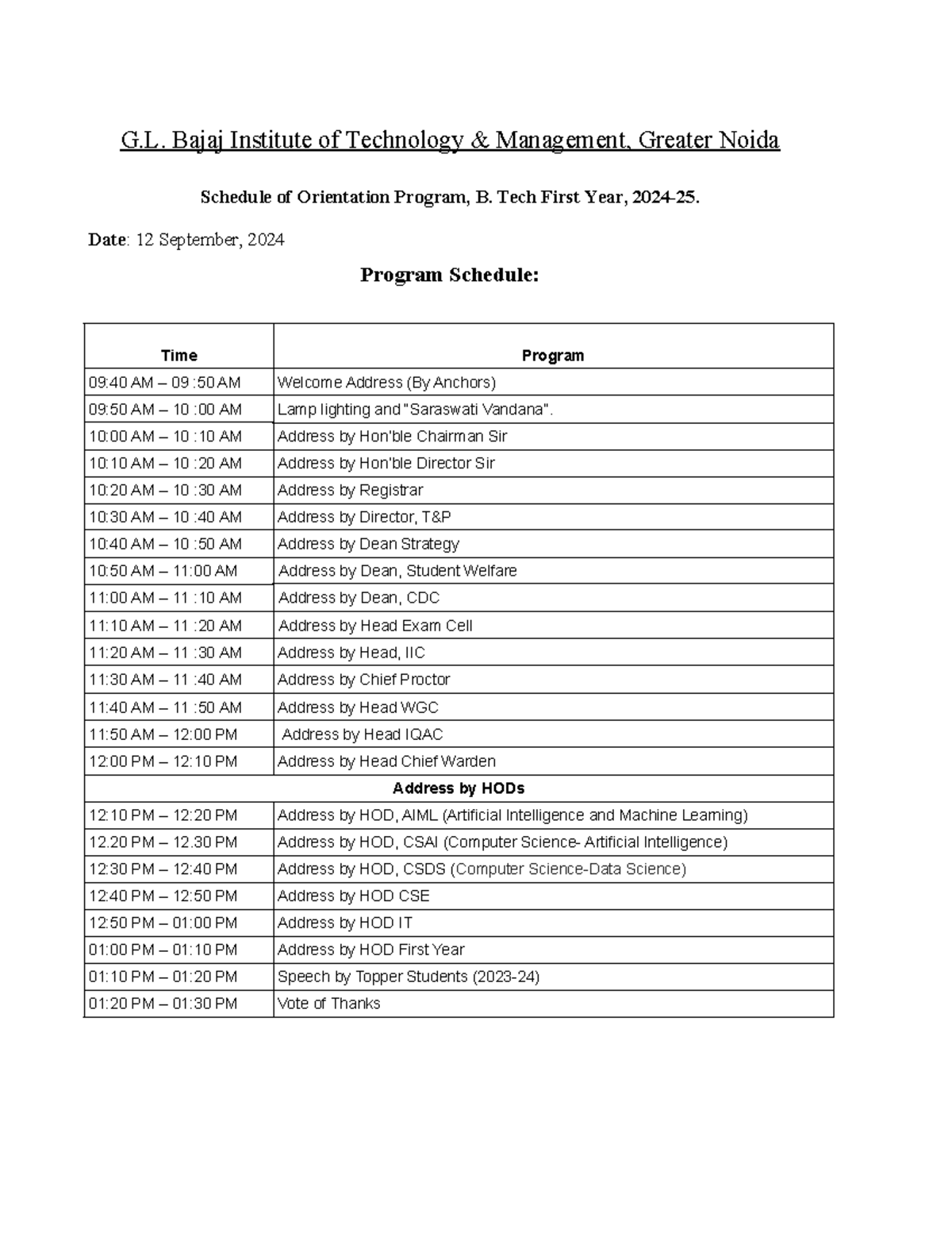 Schedule of Orientation Program B.Tech I Year Session 2024-25 - G ...