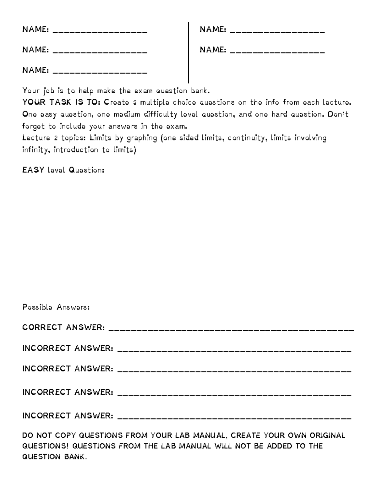 Calc 1 exam 1 - practice - NAME: _________________ NAME ...