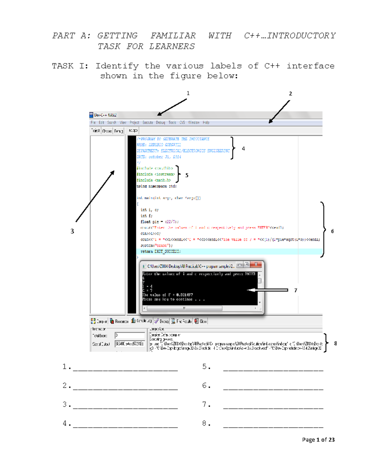 Cc++ Laboratory Manual 2024 PART A GETTING FAMILIAR WITH C++.. TASK FOR LEARNERS TASK I