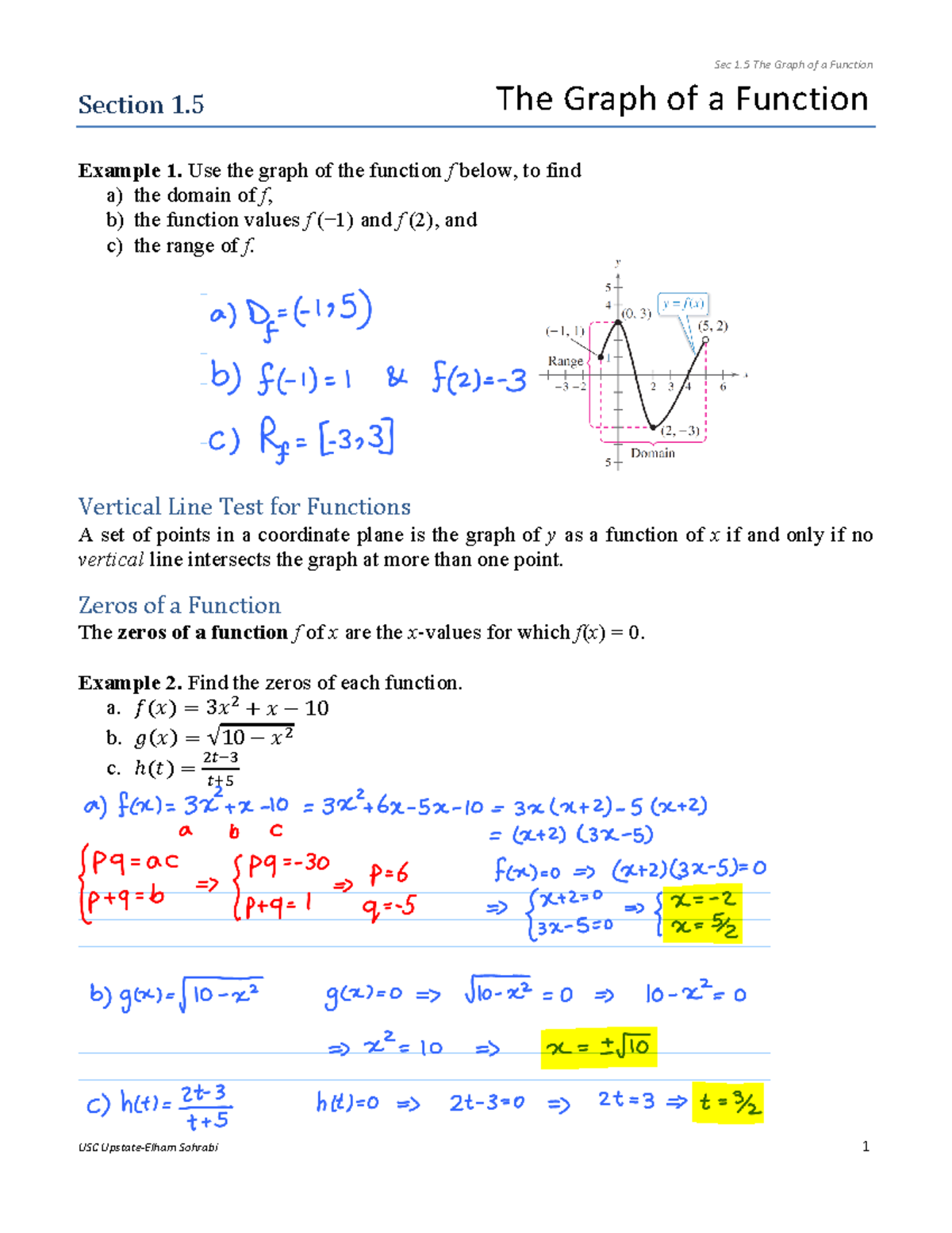 Section 1.5 With Solutions - Section 1 The Graph of a Function Example ...