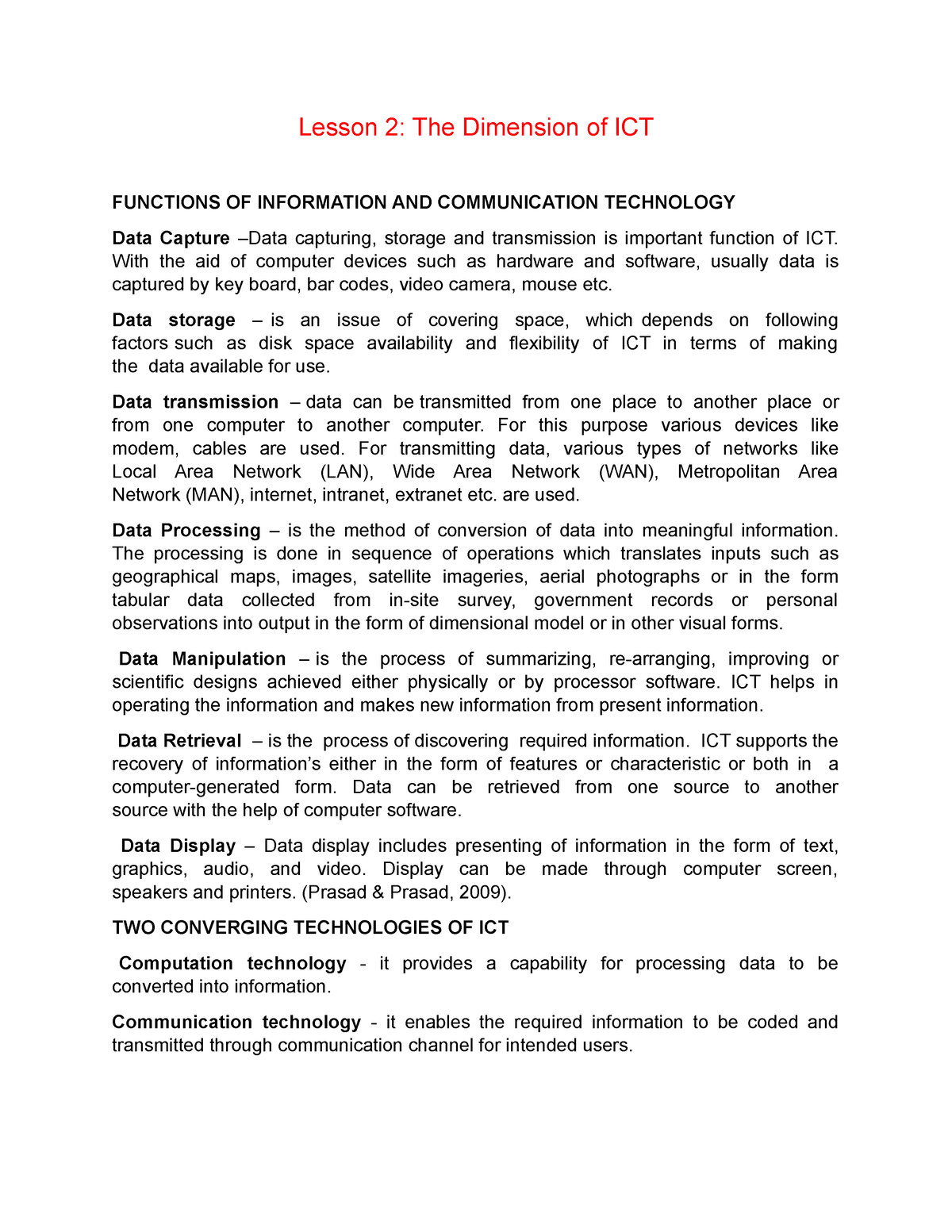 Lesson 2 Trends AND Networks - Lesson 2: The Dimension of ICT FUNCTIONS ...