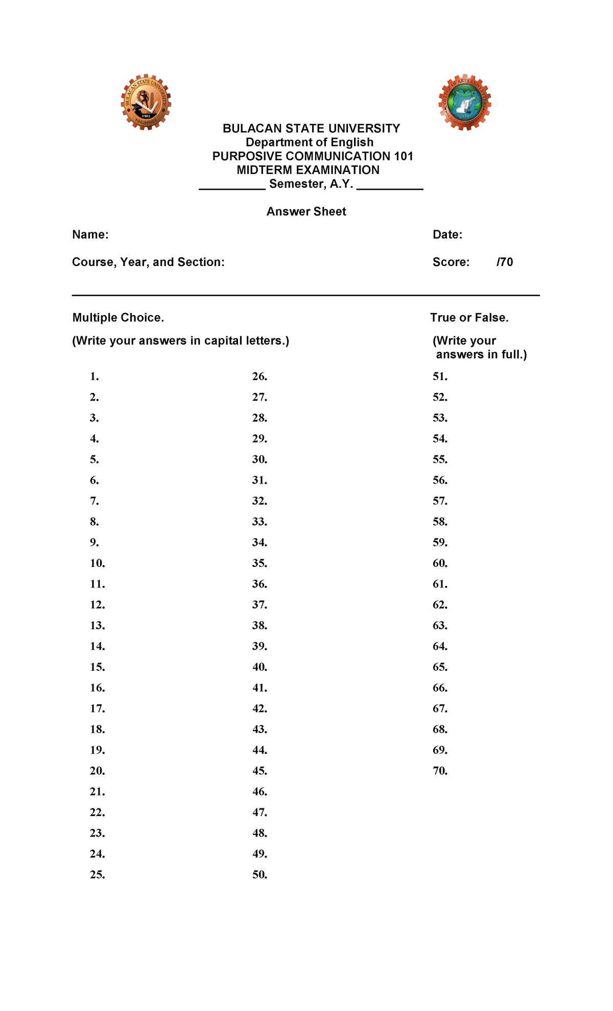 Answer Sheet - Midterm Examination - BULACAN STATE UNIVERSITY ...