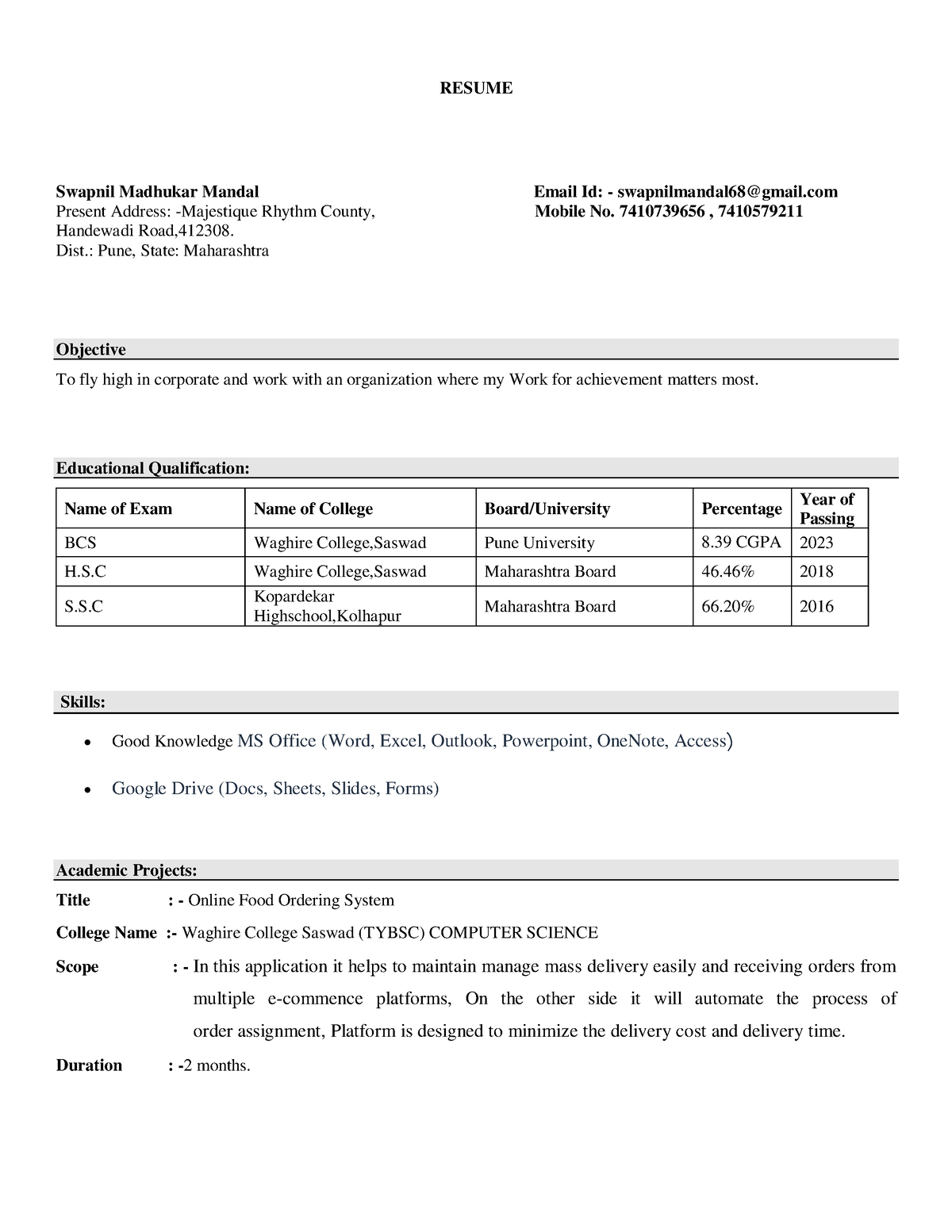 Swapnil Mandal - RESUME Swapnil Madhukar Mandal Email Id ...