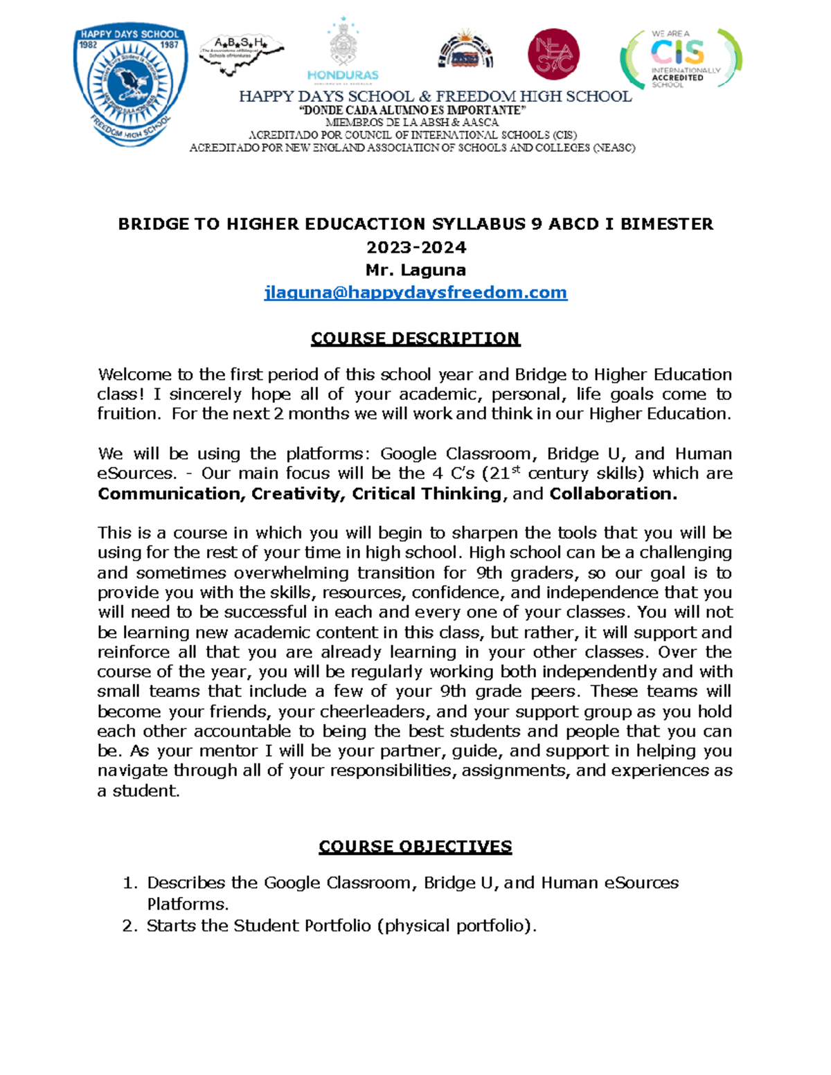 Bridge U Syllabus I Bimester 2023-2024 9th grade (rev Aug 7 2023 ...