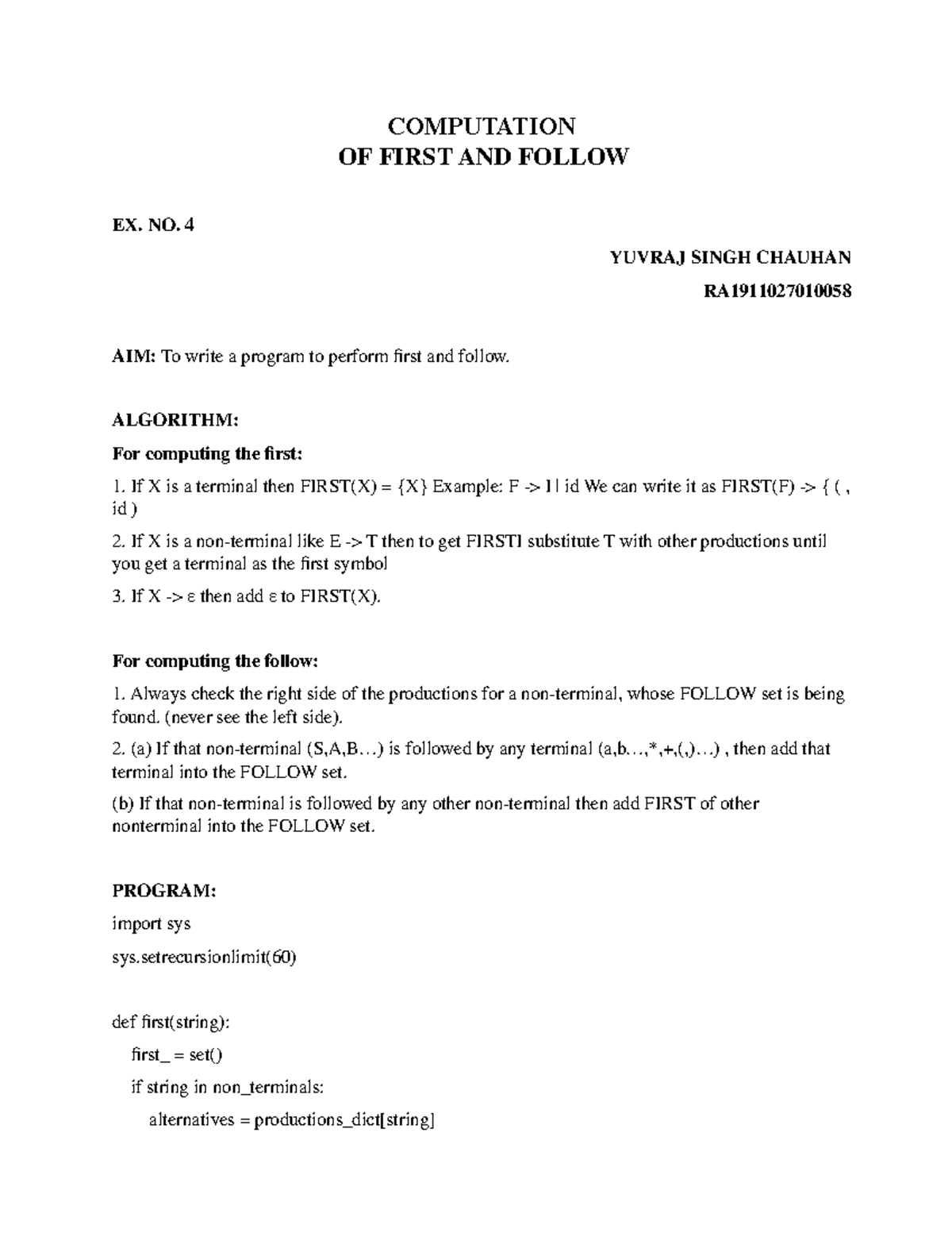 Computation of First() and Follow() - COMPUTATION OF FIRST AND FOLLOW ...