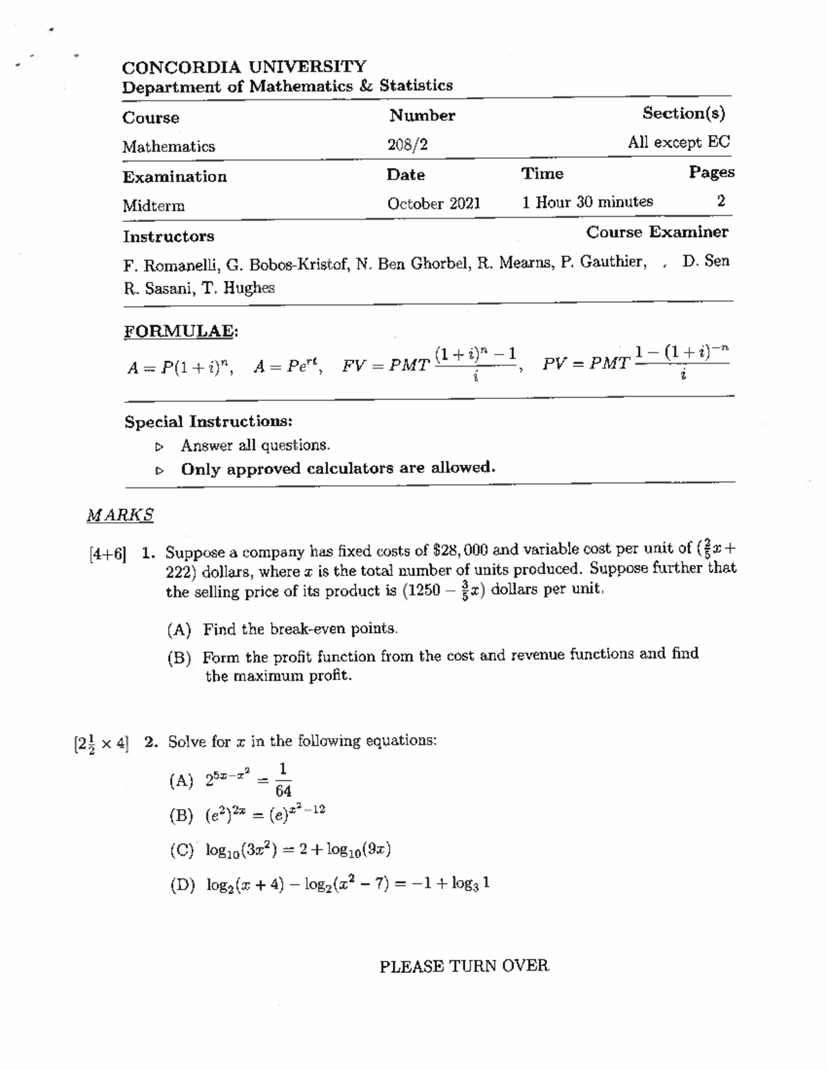 Solutions To The Midterm Exam F2021 - MATH 208 - Concordia - Studocu