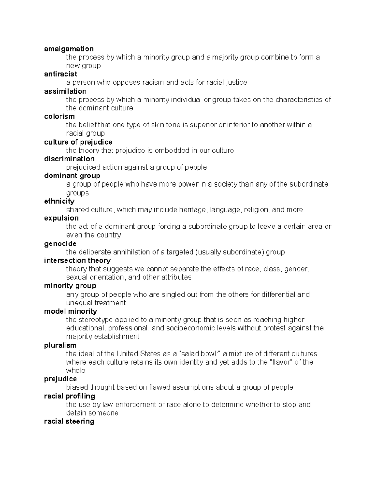 Chapter 11 Vocab - amalgamation the process by which a minority group ...