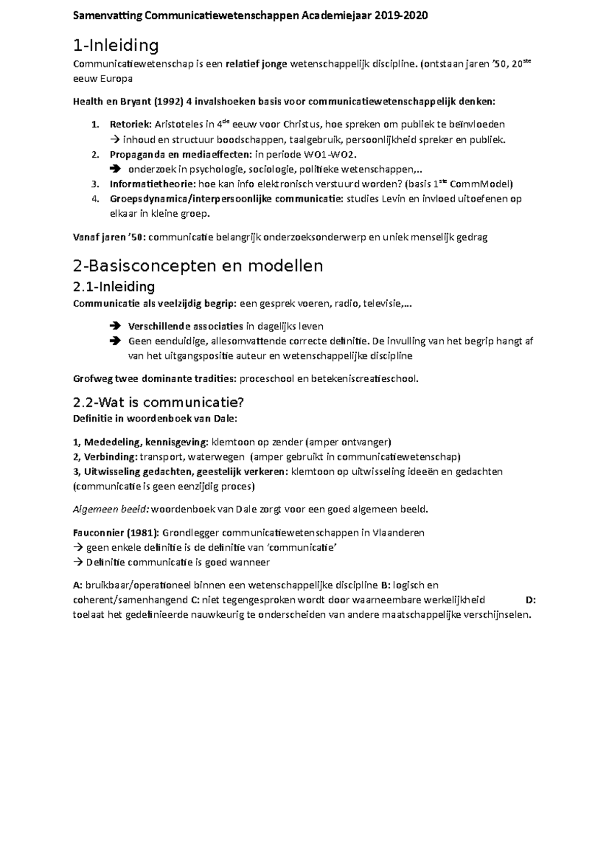 Samenvatting Communicatiewetenschappen Academiejaar 2019 - (ontstaan ...