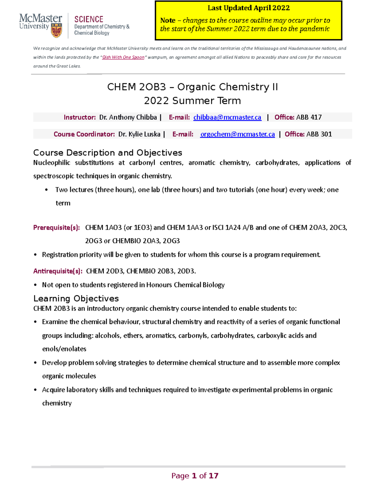 CHEM2OB3summer course outline We recognize and acknowledge that