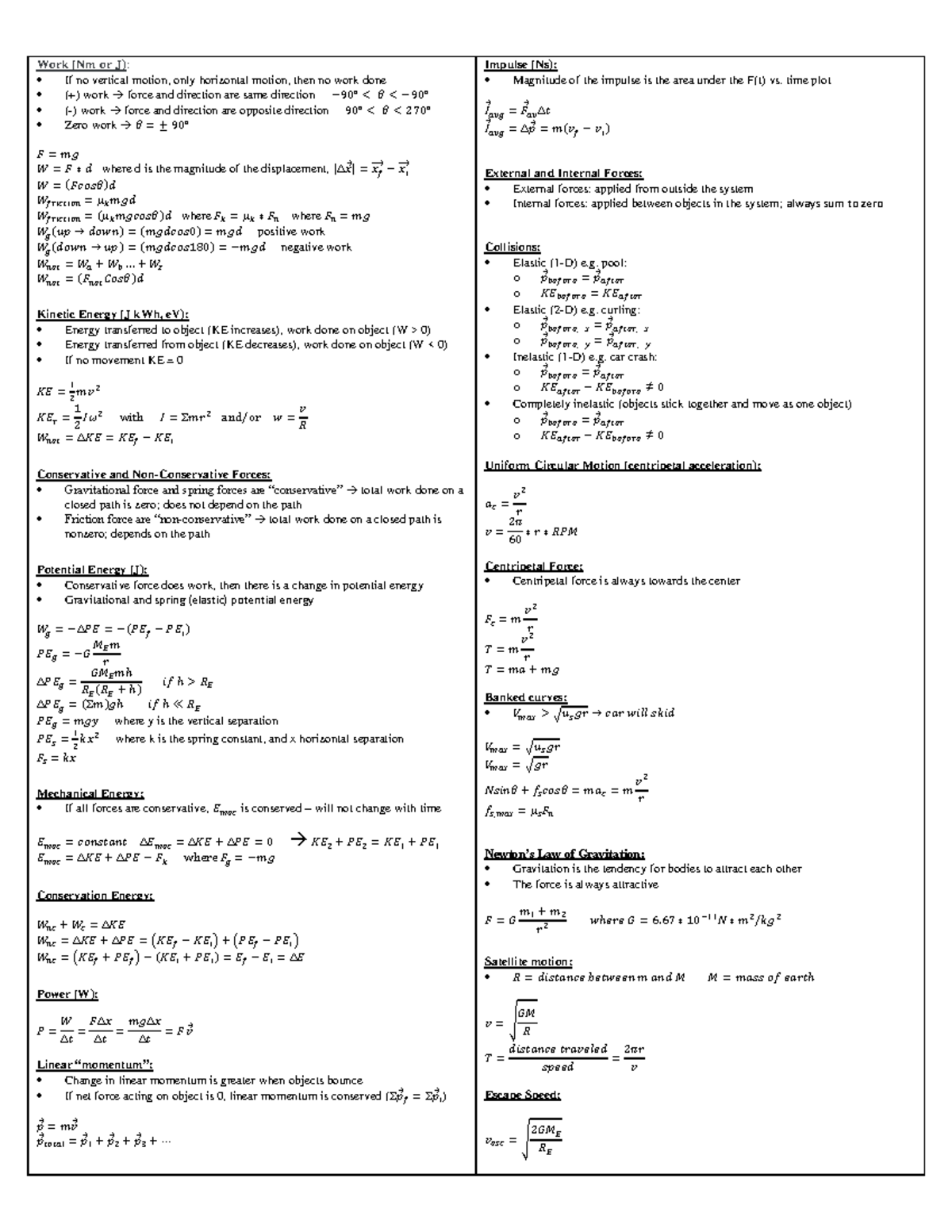 PHY101 Exam 2 - Work (Nm or J) : If no vertical motion, only horizontal ...