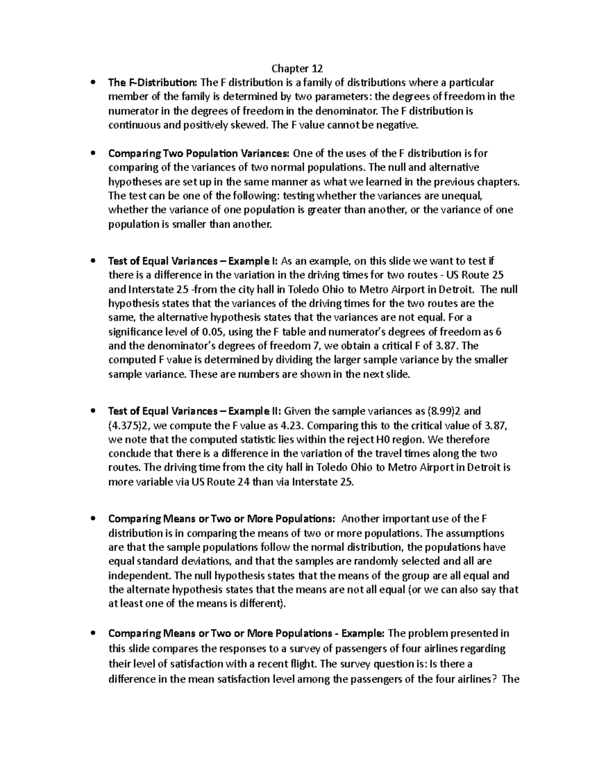 BA 282 Chapter 12 notes Helps others Chapter 12 The FDistribution