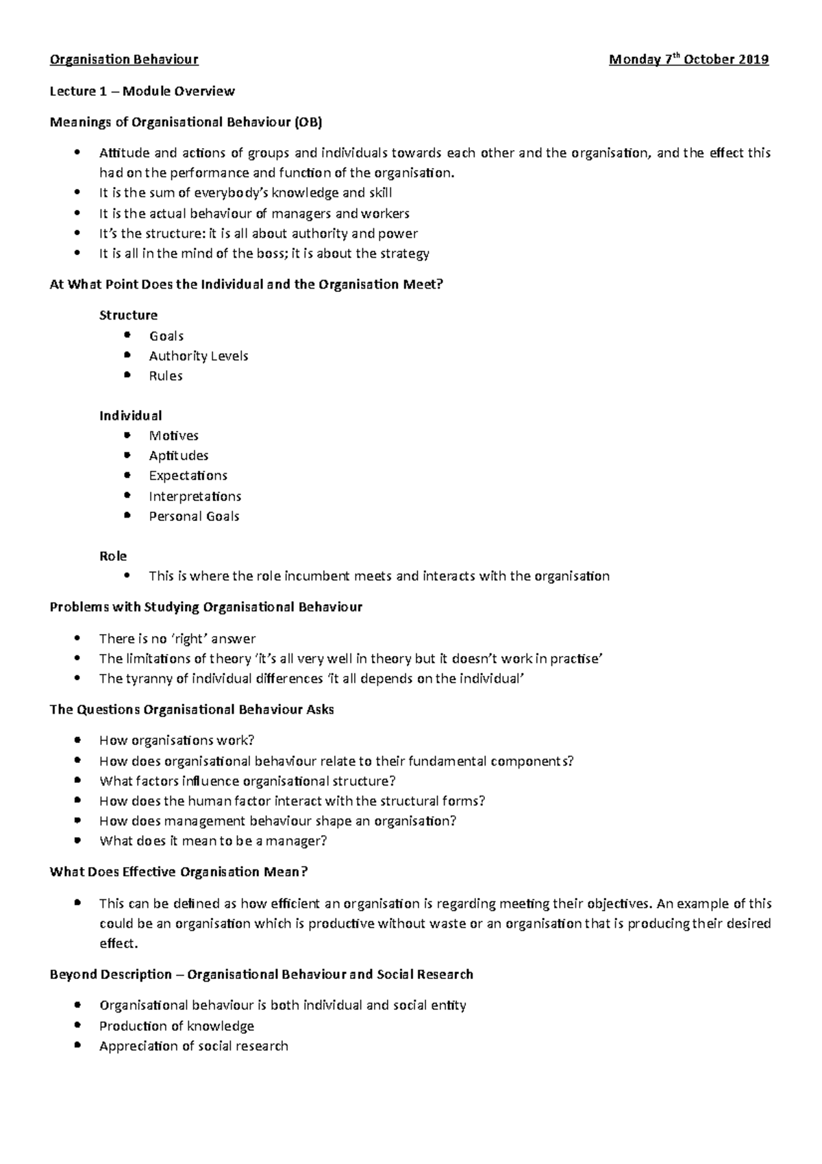 Organisational Behaviour Lecture 1 Notes - Organisation Behaviour ...