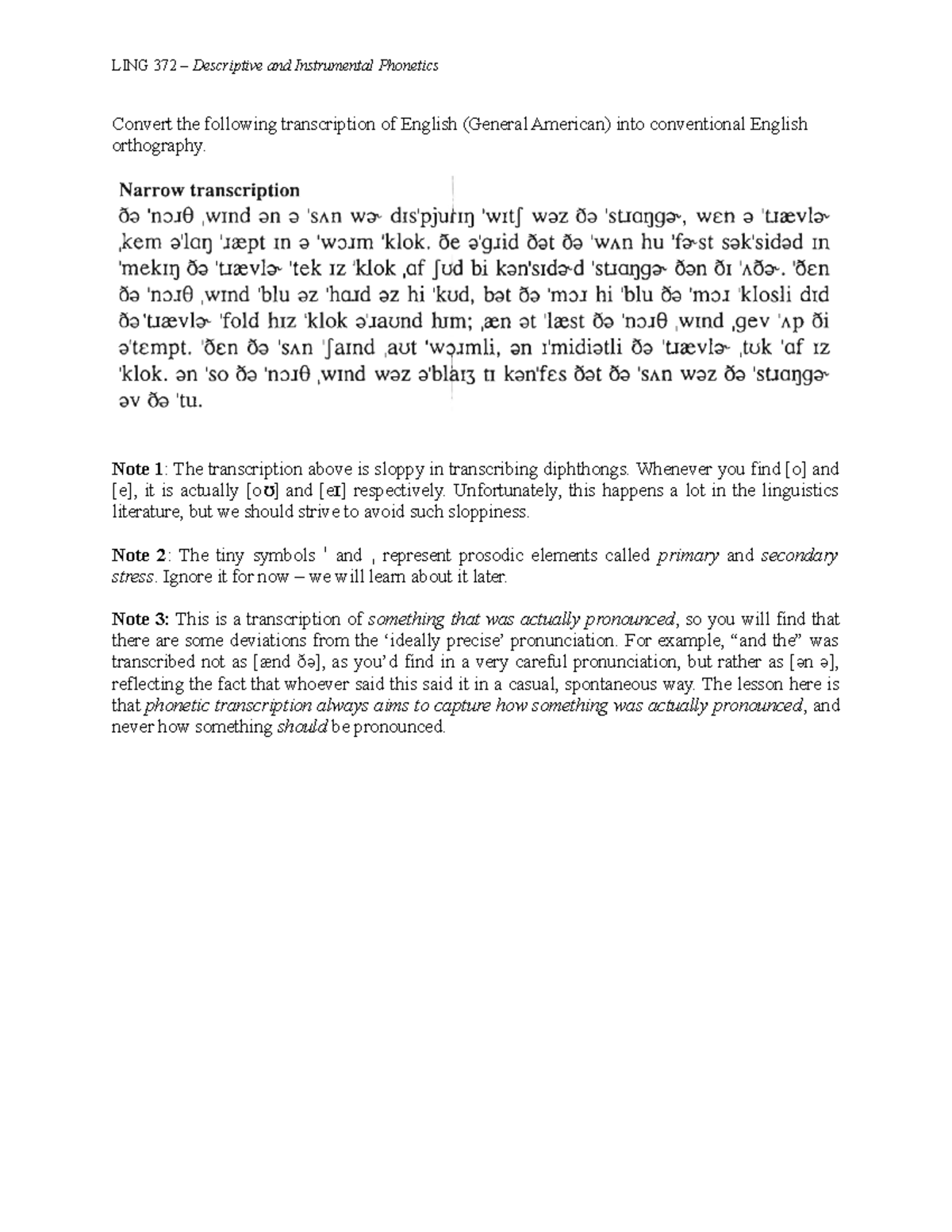 Transcription exercise 3 - LING 372 – Descriptive and Instrumental ...