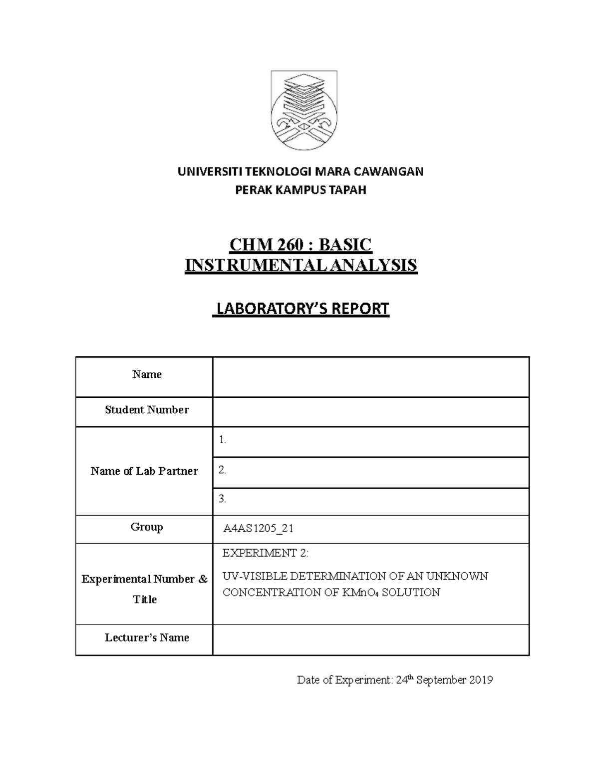 Exp 2 Lab Report Chm 260 - UNIVERSITI TEKNOLOGI MARA CAWANGAN PERAK ...