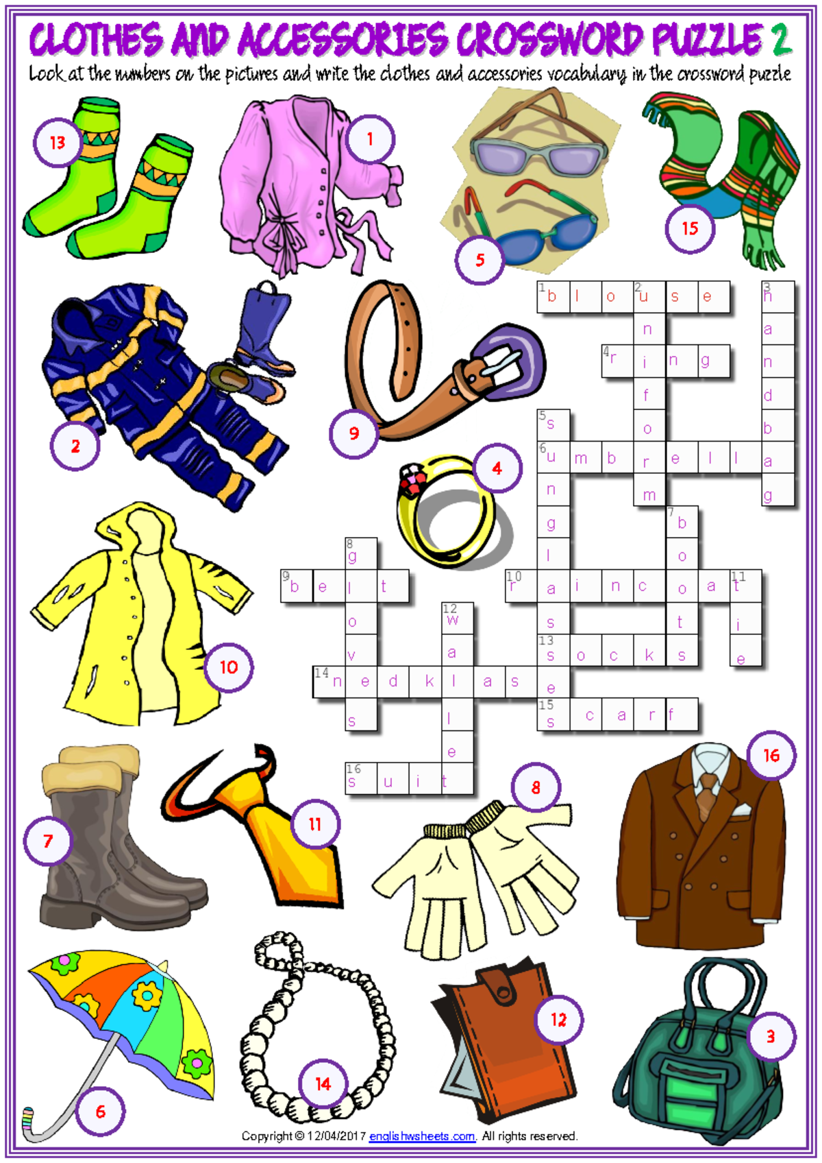 Clothes and accessories vocabulary esl crossword puzzle worksheets for