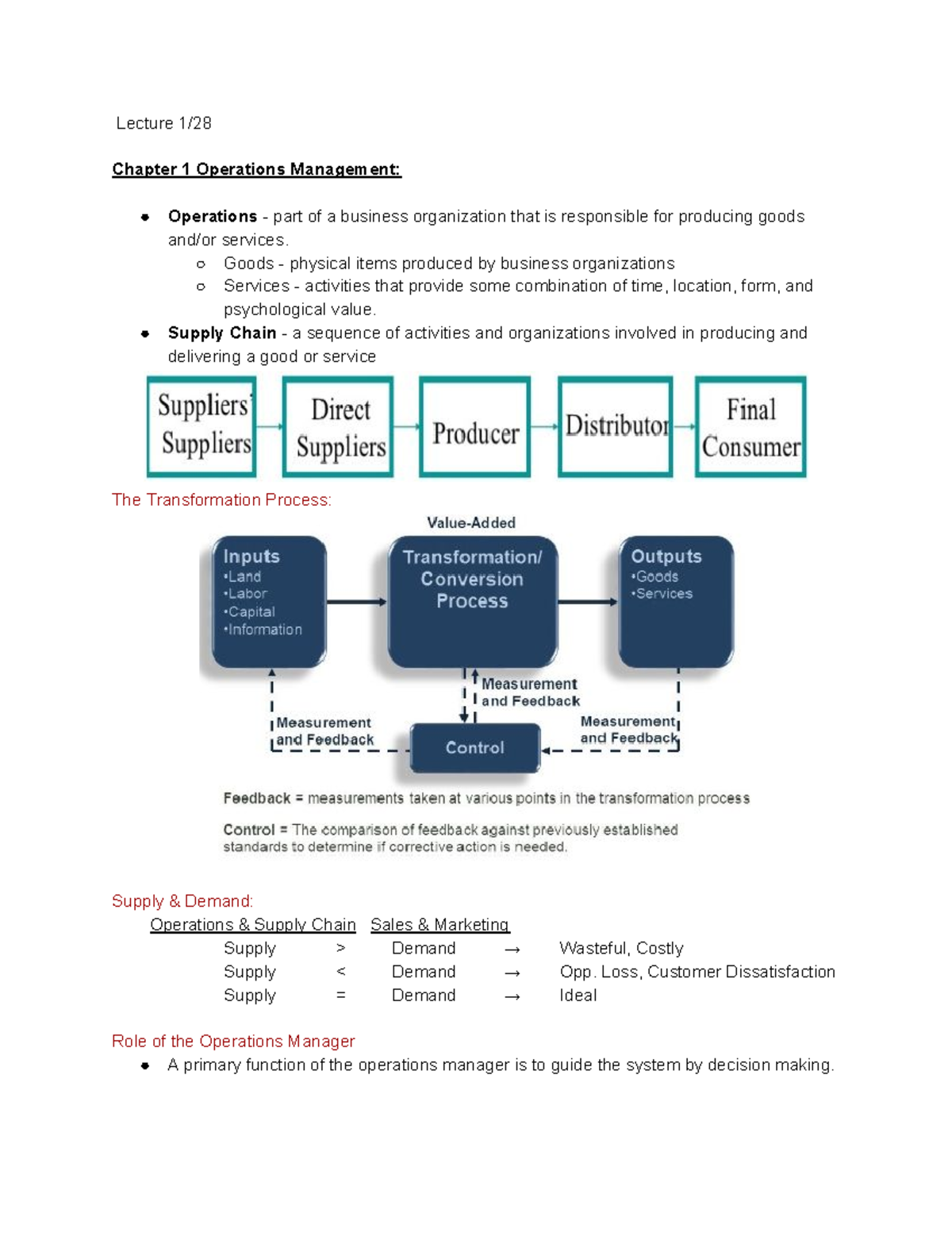 Bus 140 Lecture Notes (Exam 1) Chp1-6 - Lecture 1/ Chapter 1 Operations ...