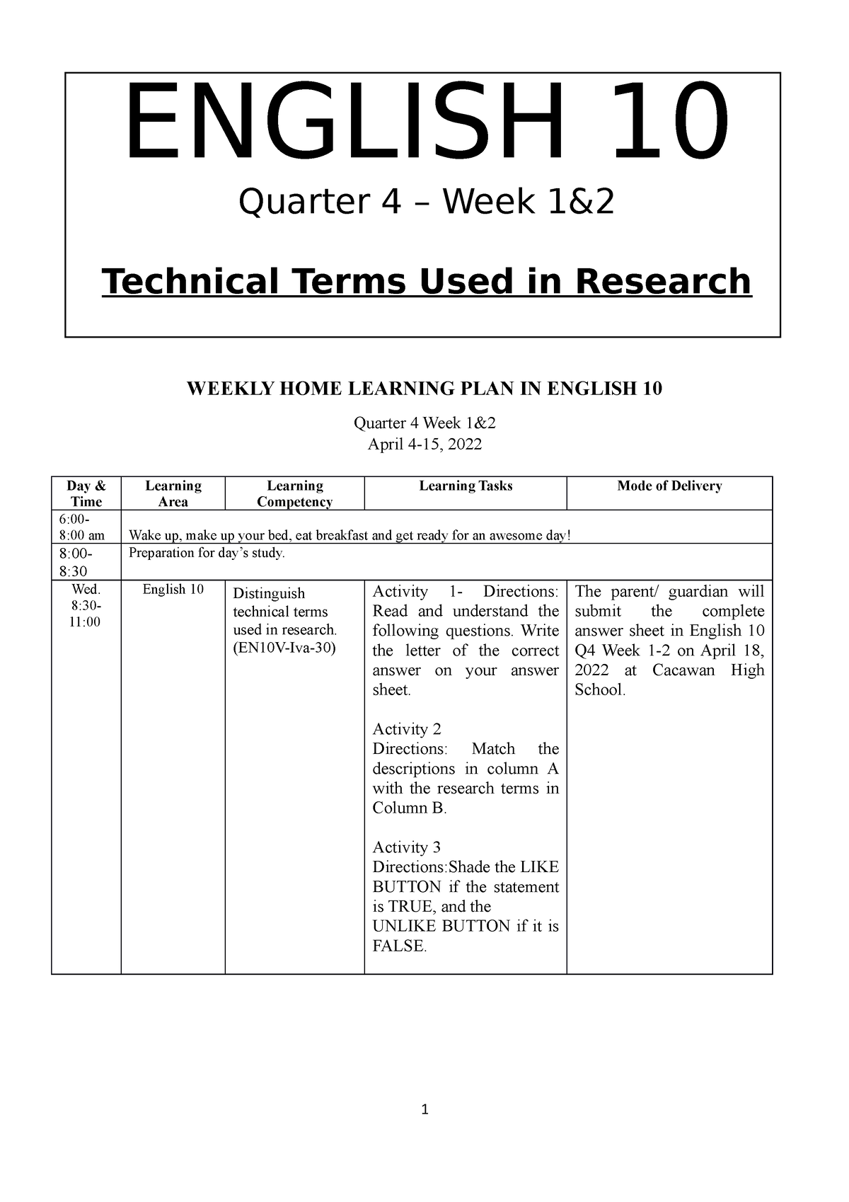 English 10 Q4 W1-2 - Mam Arsenias - WEEKLY HOME LEARNING PLAN IN ...