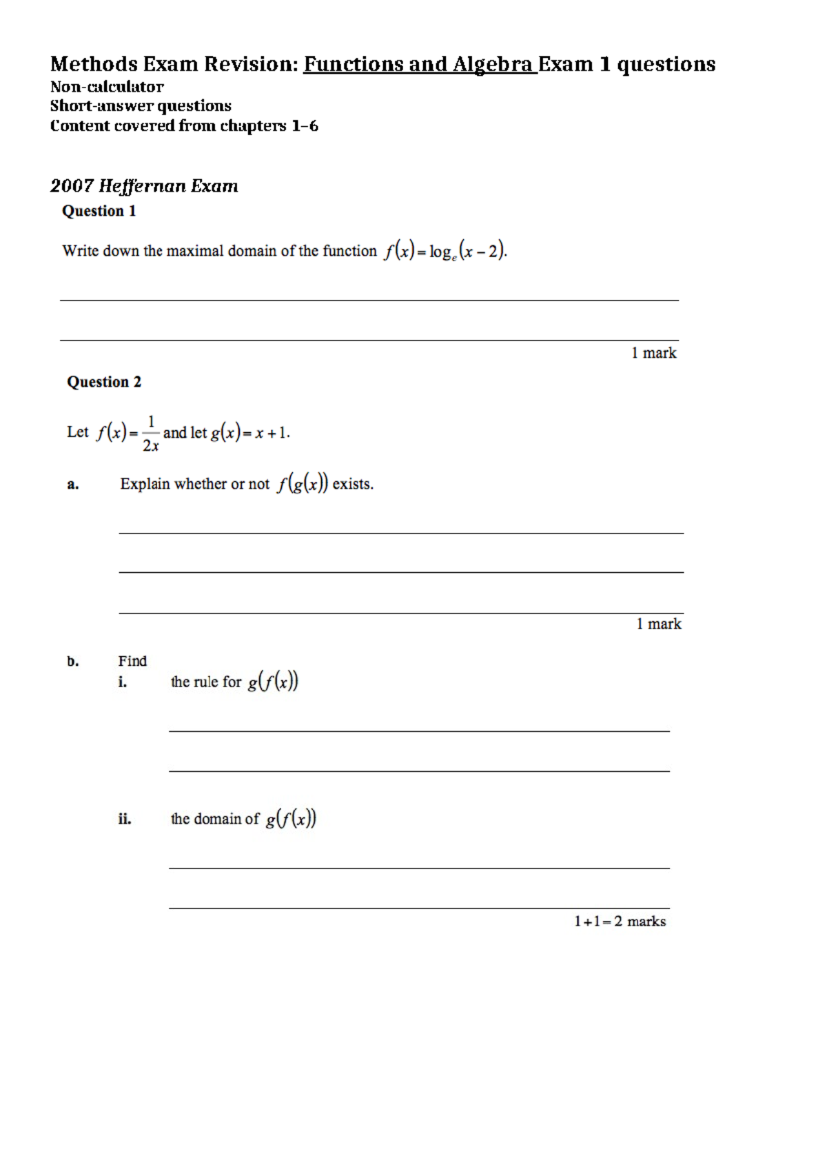 Exam 1 Functions and Algebra (with answers) - Methods Exam Revision ...