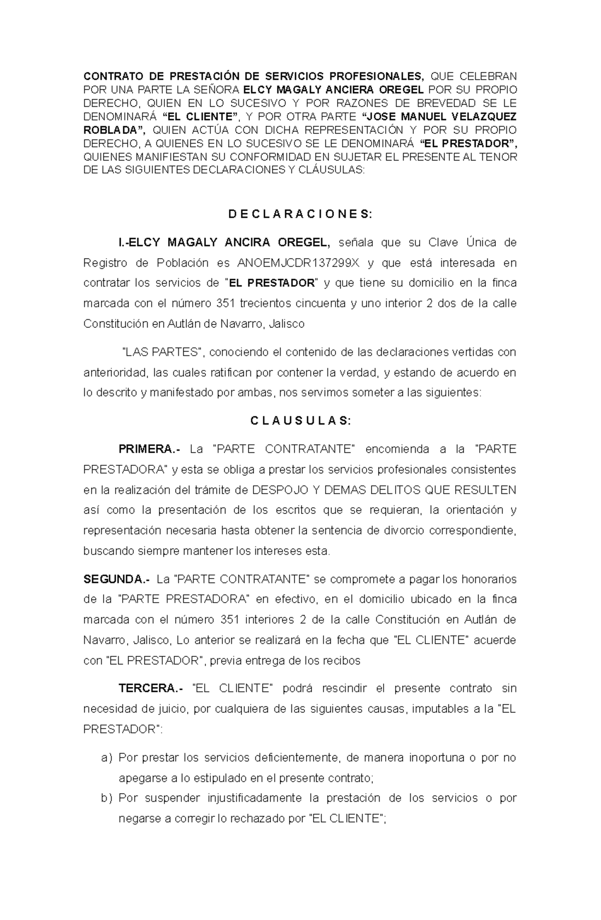 Contrato Honorarios - CONTRATO DE PRESTACIÓN DE SERVICIOS PROFESIONALES ...
