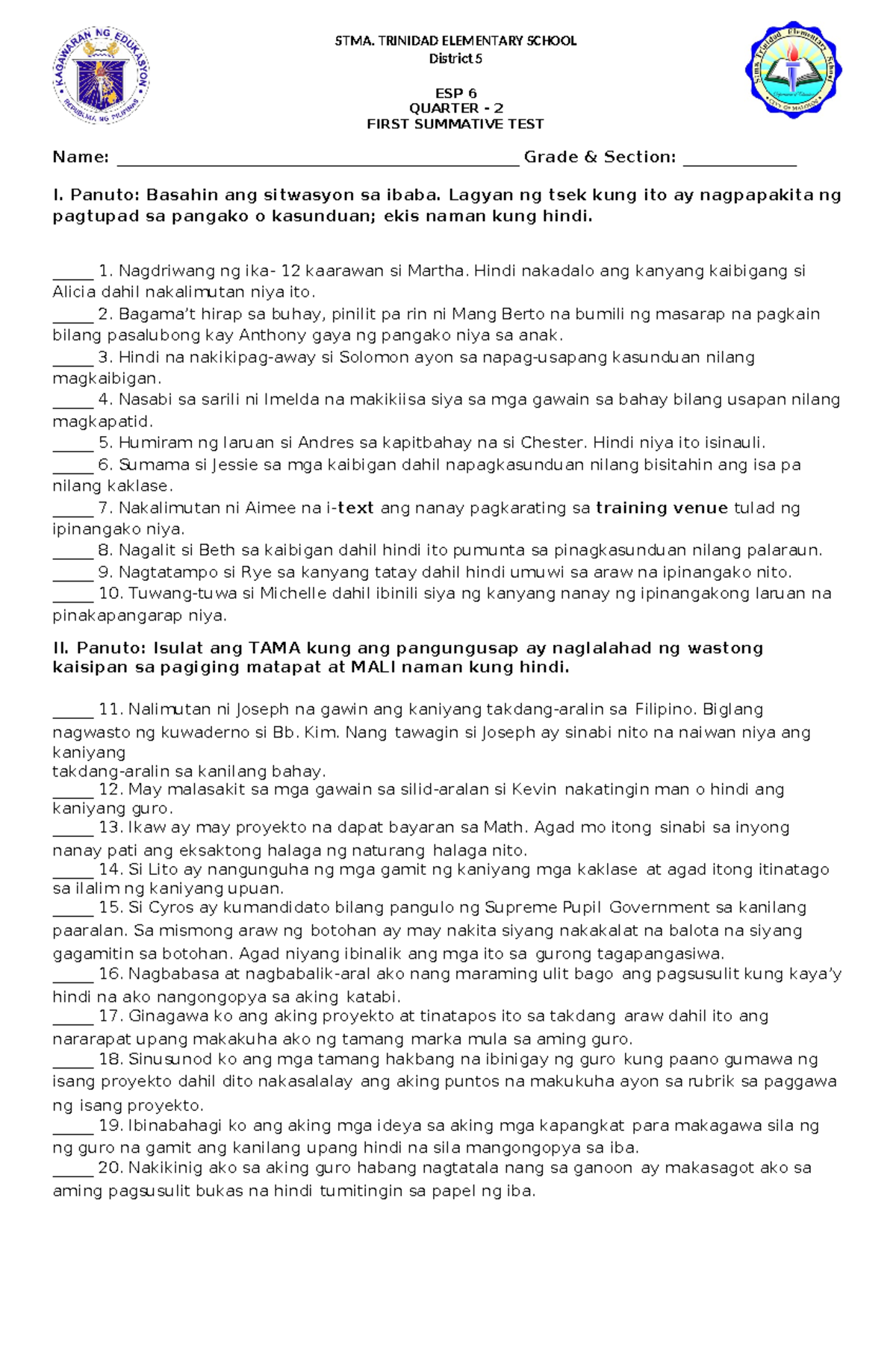 ESP - Summative Test Quarter 1 Grade 6 - Name