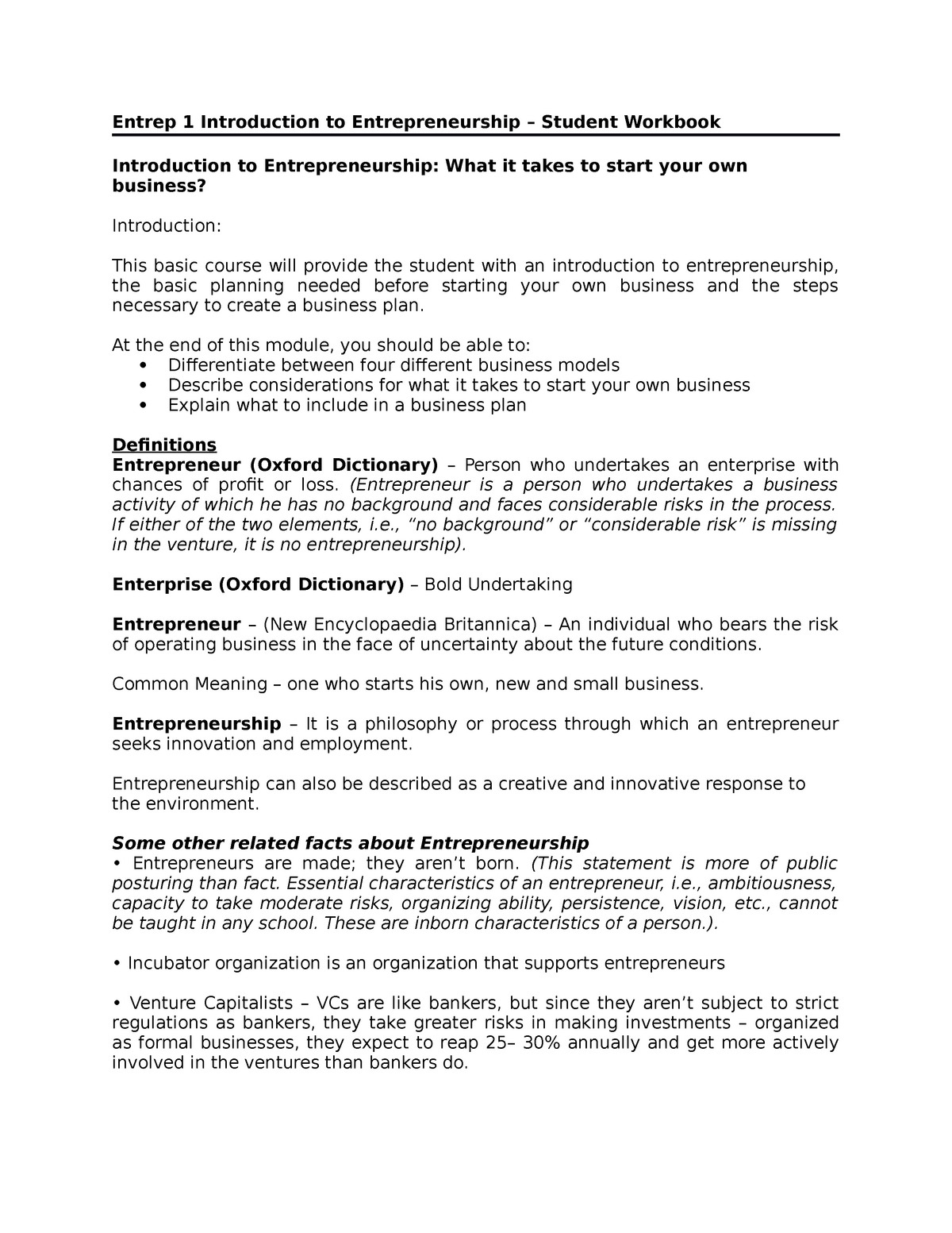 Entrep 1 Introduction To Entrepreneurship - At The End Of This Module ...