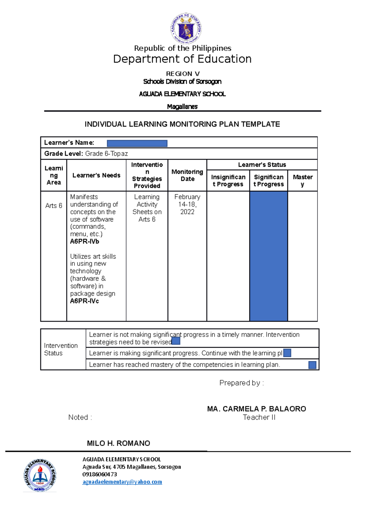 6 Individual Learning Monitoring PLAN Republic Of The Philippines 