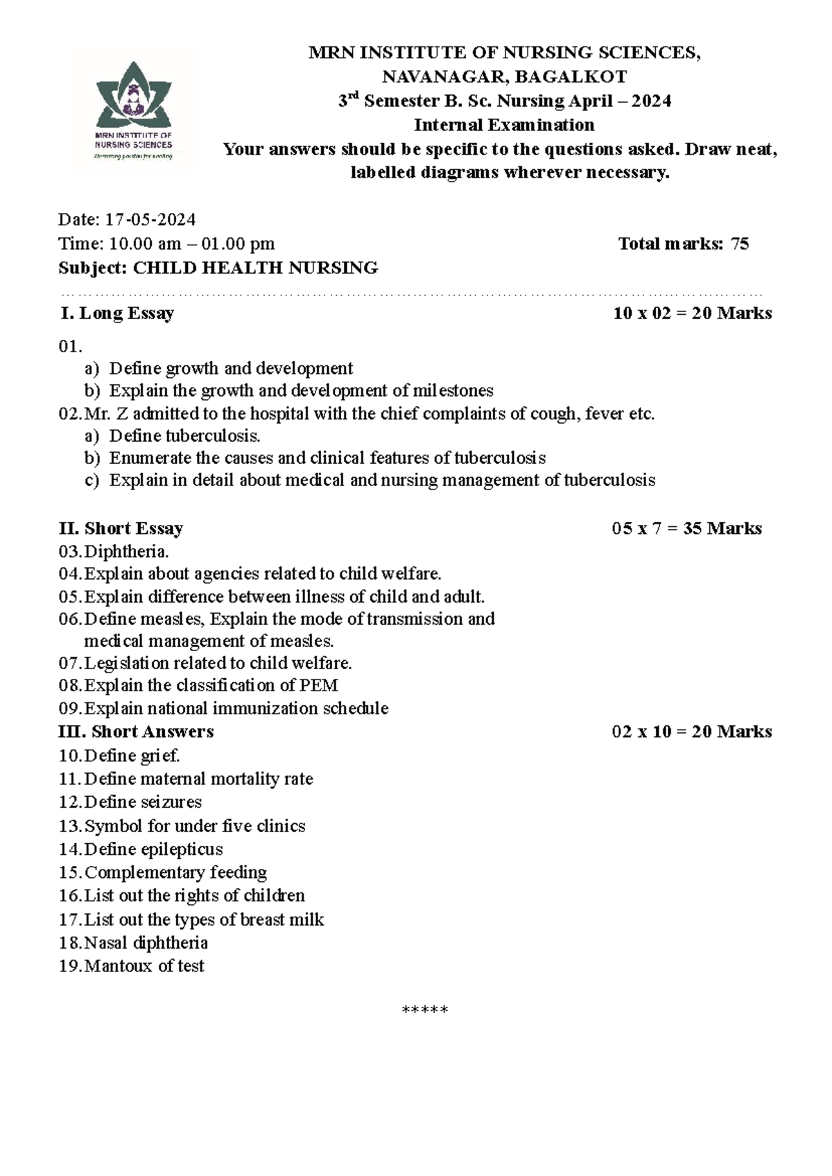 MSN Question paper anual batch - MRN INSTITUTE OF NURSING SCIENCES ...