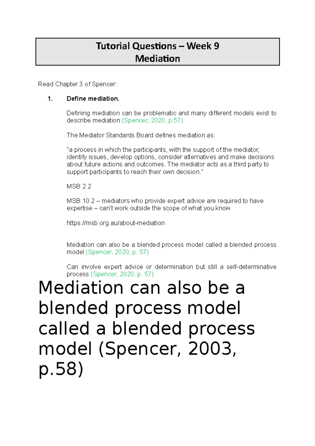 Week 9 - Mediation - Tutorial Questions – Week 9 Mediation Read Chapter ...