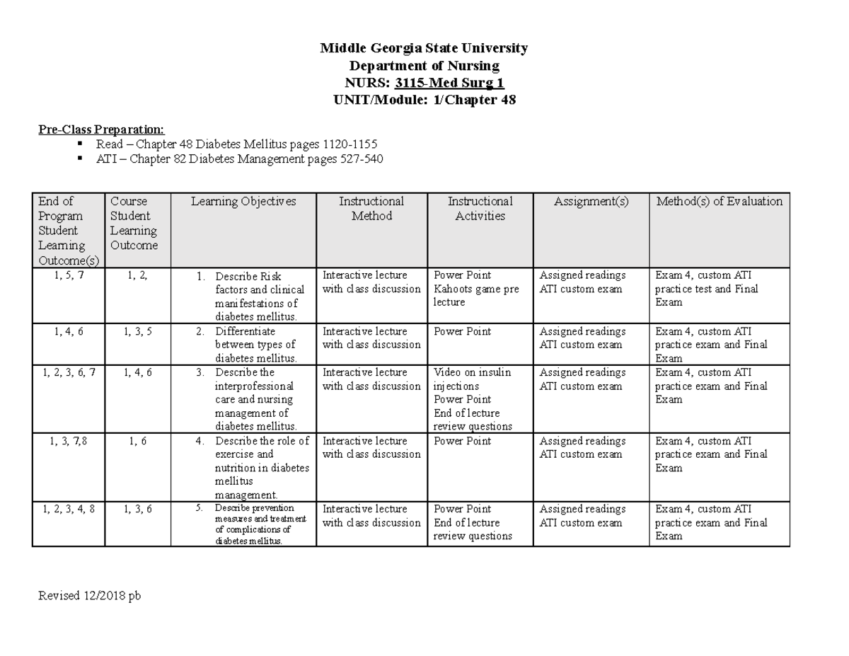 Diabetes Mellitus Lesson plan - Middle Georgia State University ...