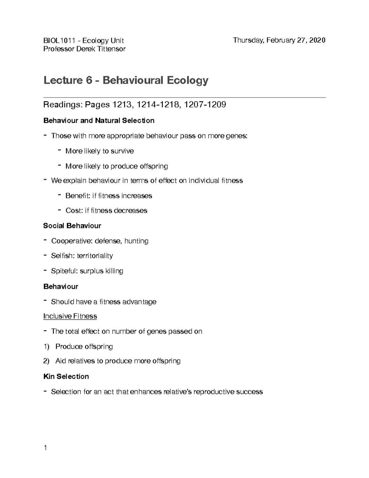 Unit 2 Lecture 6 - Behavioural Ecology - Professor Derek Tittensor ...