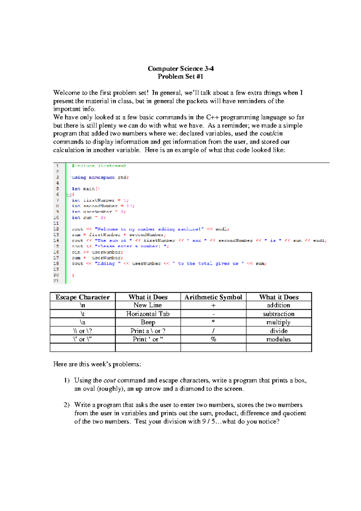 Computer Science 3-4 PS1 v1 - Computer Science 3- Problem Set # Welcome ...
