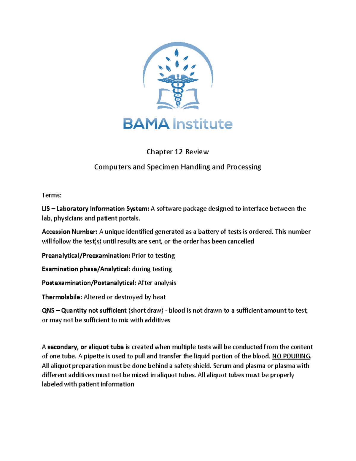 Chapter 12 Review Chapter 12 Review Computers and Specimen Handling