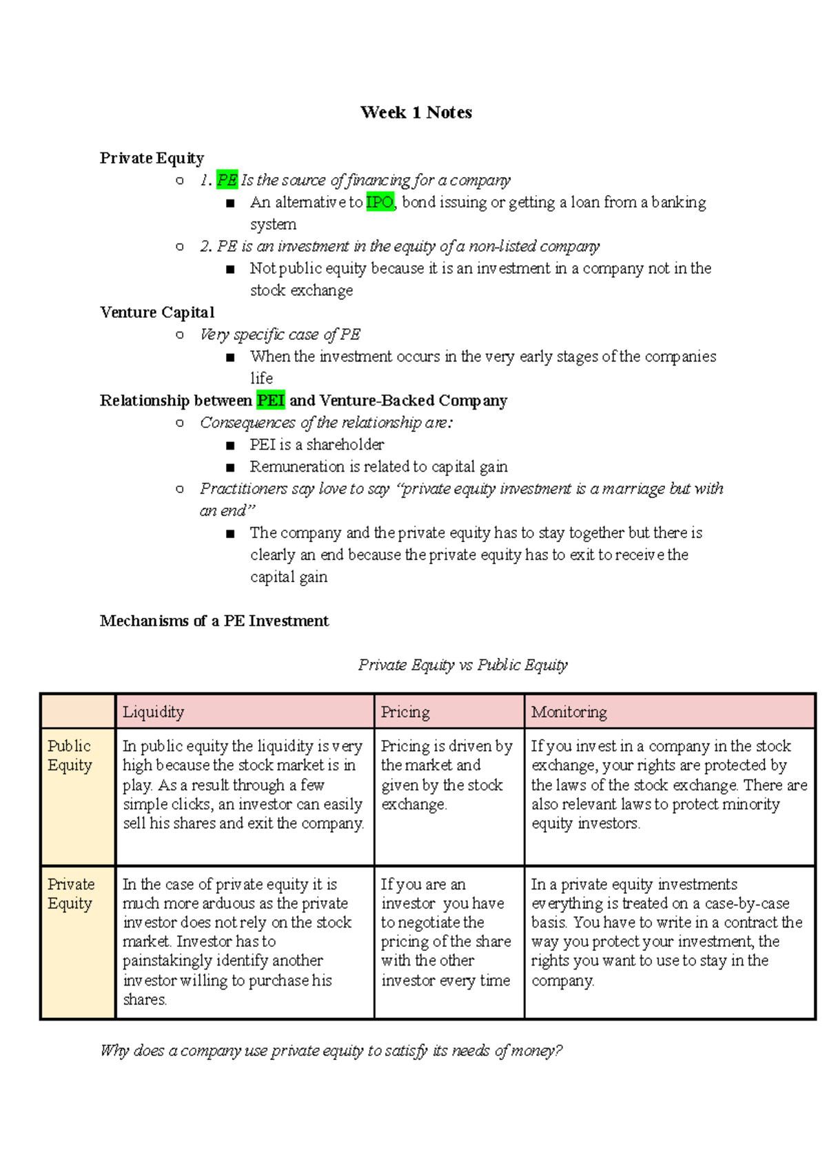 Week 1 Notes - Week 1 Notes Private Equity 1. PE Is the source of ...