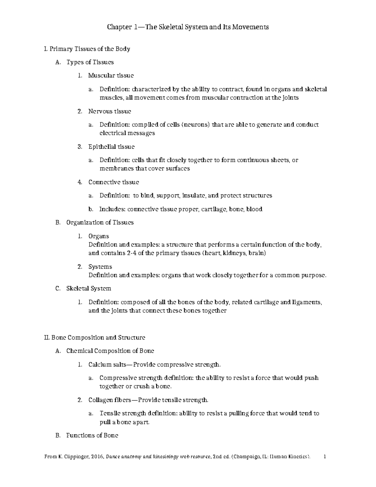 Ch 1 Student Outline - Chapter 1 Notes from Clippinger's Kinesiology ...