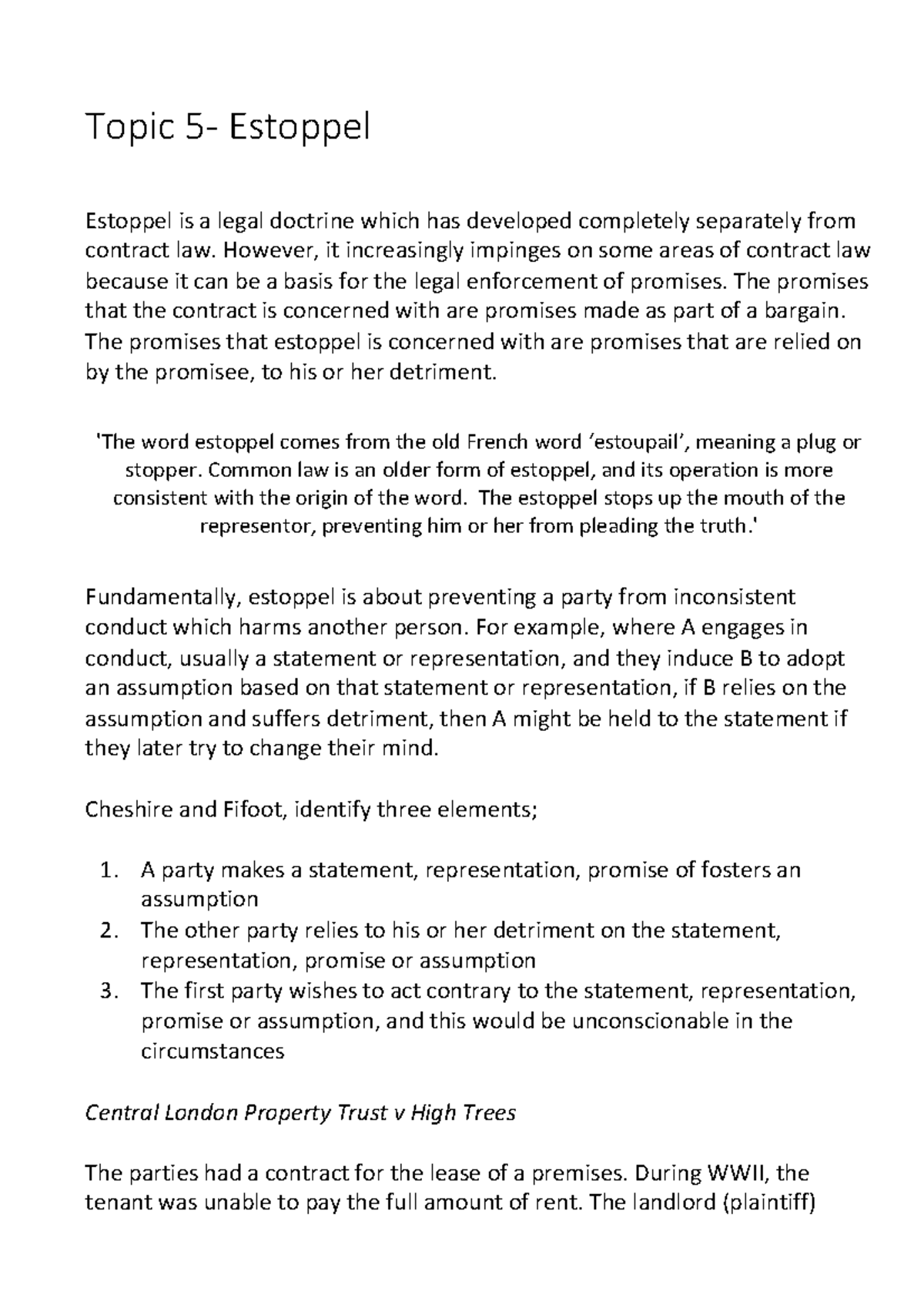 Topic 5 Estoppel Lecture notes 5 StuDocu