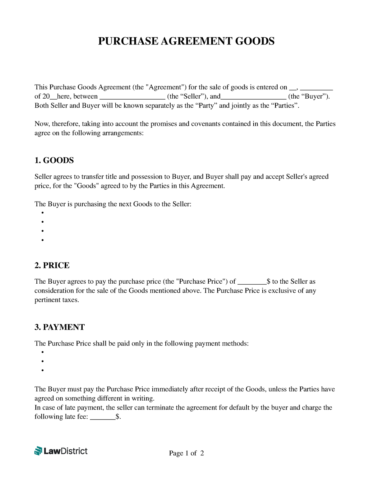 Sale of goods template - Agreement sale - PURCHASE AGREEMENT GOODS This ...