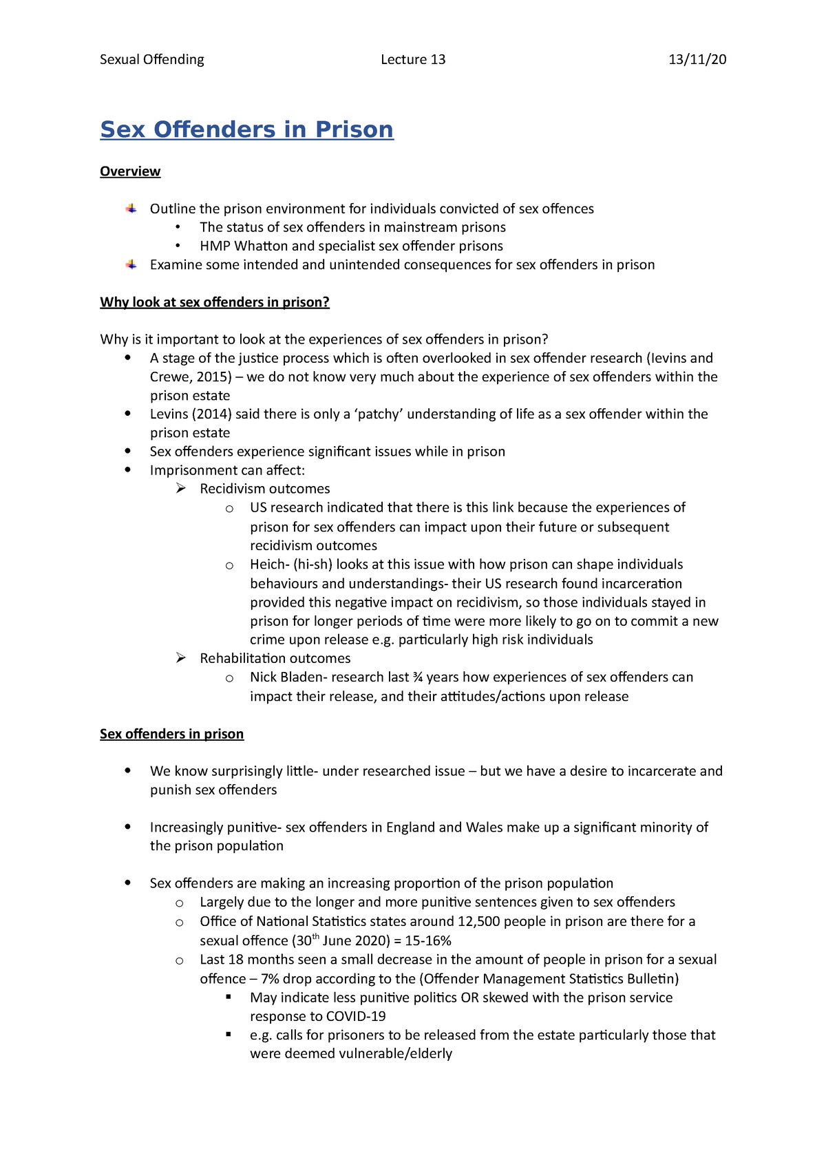 L13 Sex Offenders in Prison - Sex Offenders in Prison Overview Outline the  prison environment for - Studocu