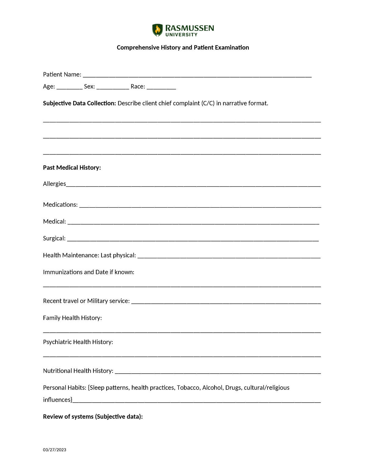 NUR2180 Module 11 Comprehensive Health Assessment Template Rev0923 ...