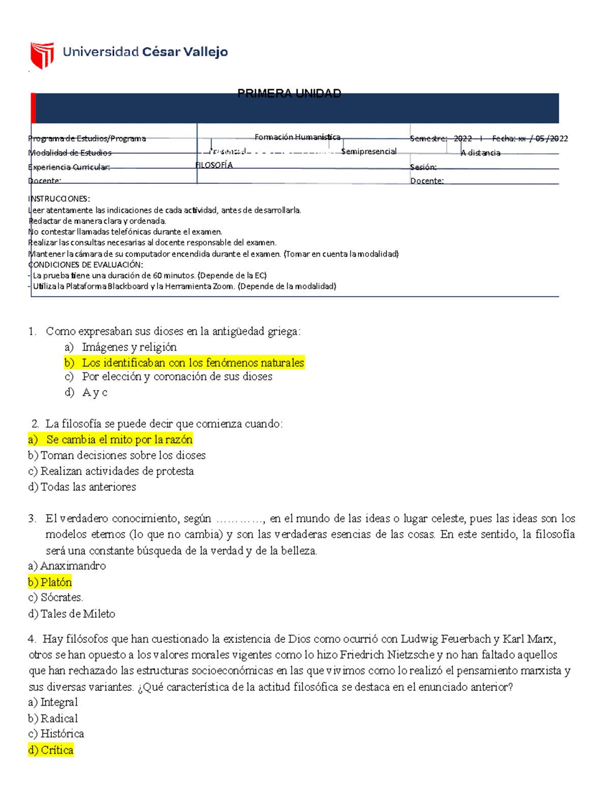 9 Examen I - Excelente - . PRIMERA UNIDAD Programa De Estudios/Programa ...