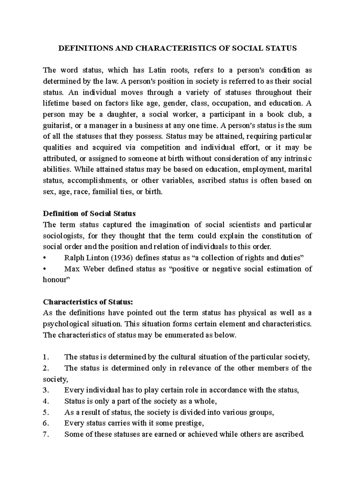 Definitions AND Characteristics OF Social Status DEFINITIONS AND