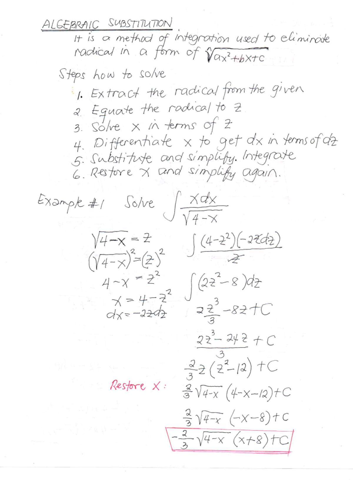 AS#1 - none - ALGEBRAIC SUBSTITUTION It is a method of integration used ...