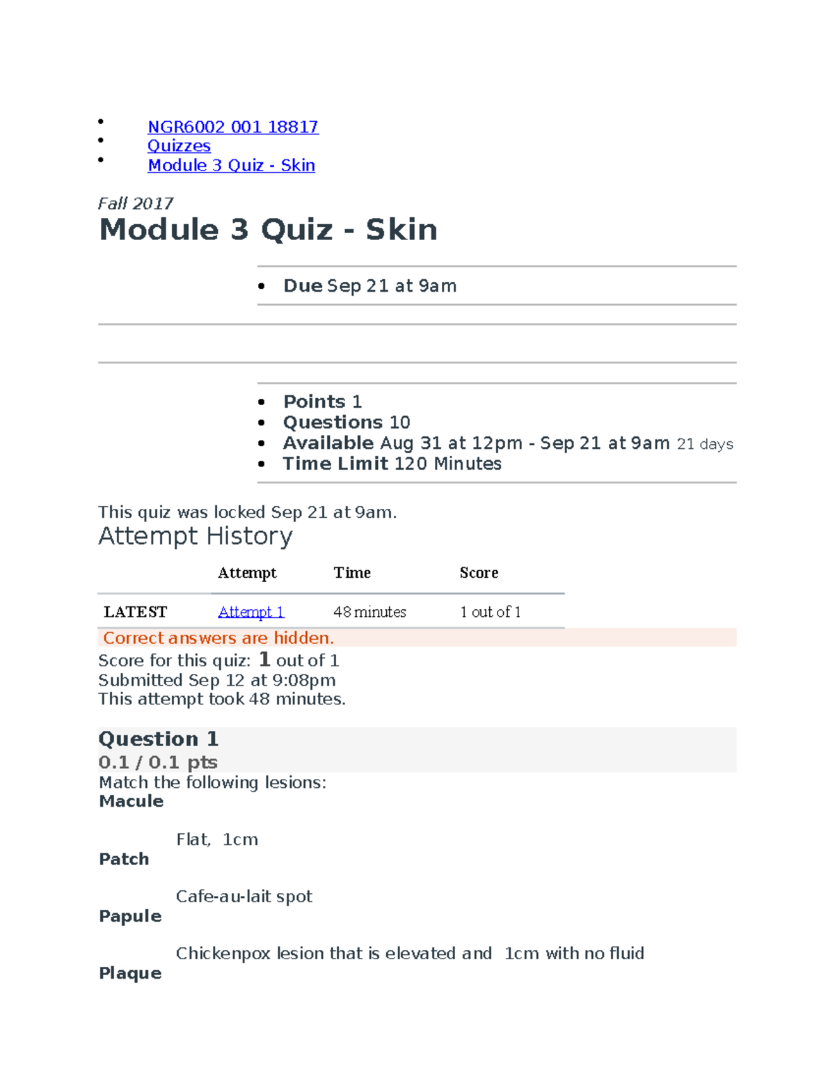 Skin Health Assessment Quiz NGR6002 001 18817 Quizzes Module 3 Quiz