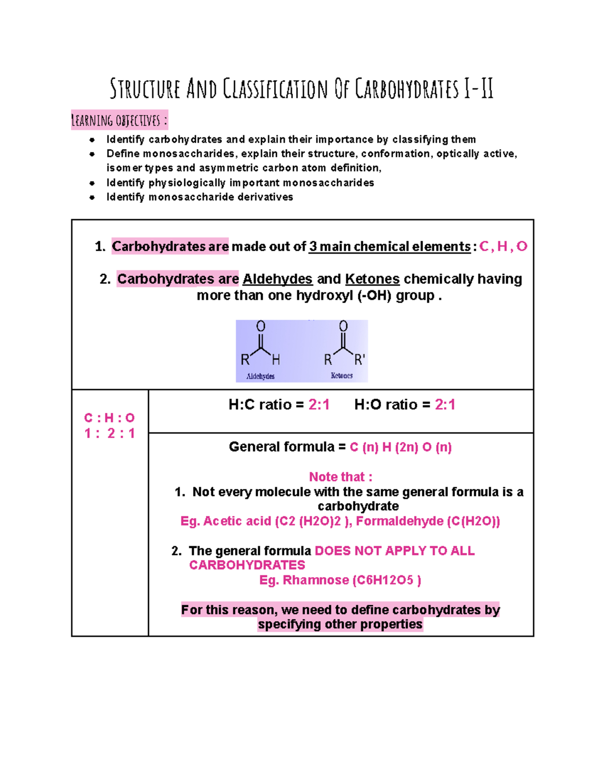Structure And Classification Of Carbohydrates I-II - C : H : O 1 : 2 : ...