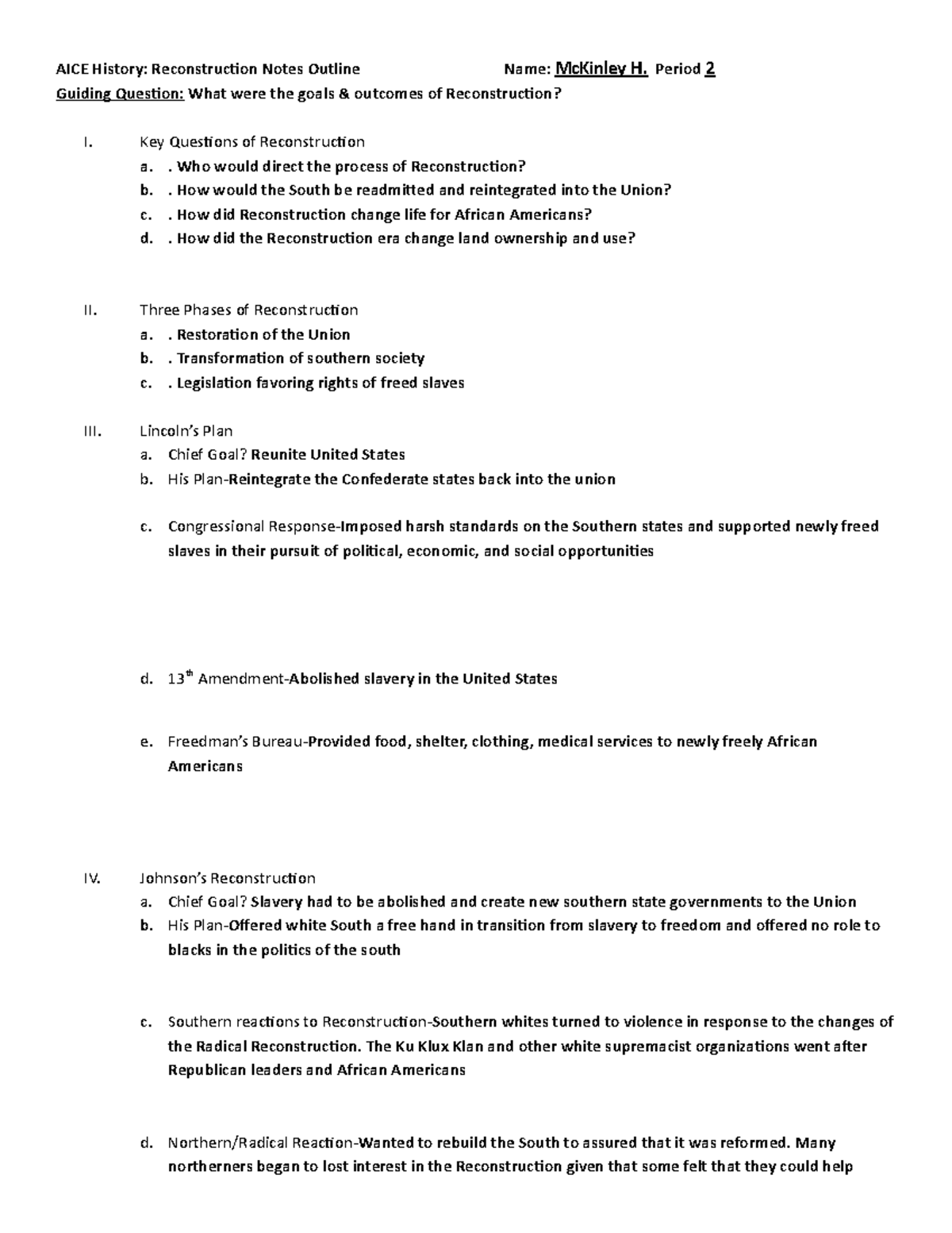 Reconstruction-Outline - AICE History: Reconstruction Notes Outline ...