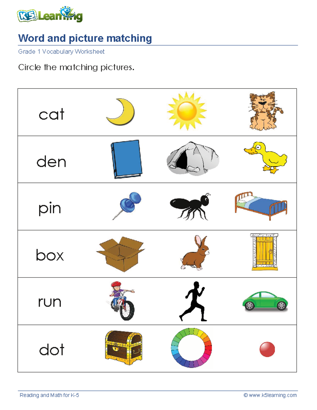 Grade 1 match words pictures 1 - Secondary Education - Circle the ...