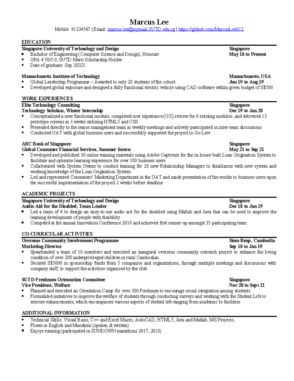 Resume Sample - Marcus Lee Mobile: 91234567 | Email: marcus@mymail.SUTD ...