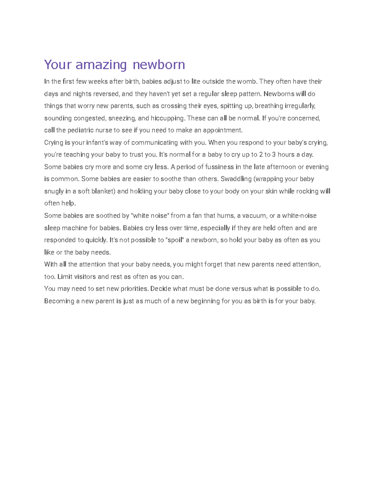 Care guide quick care Your amazing newborn In the first few weeks