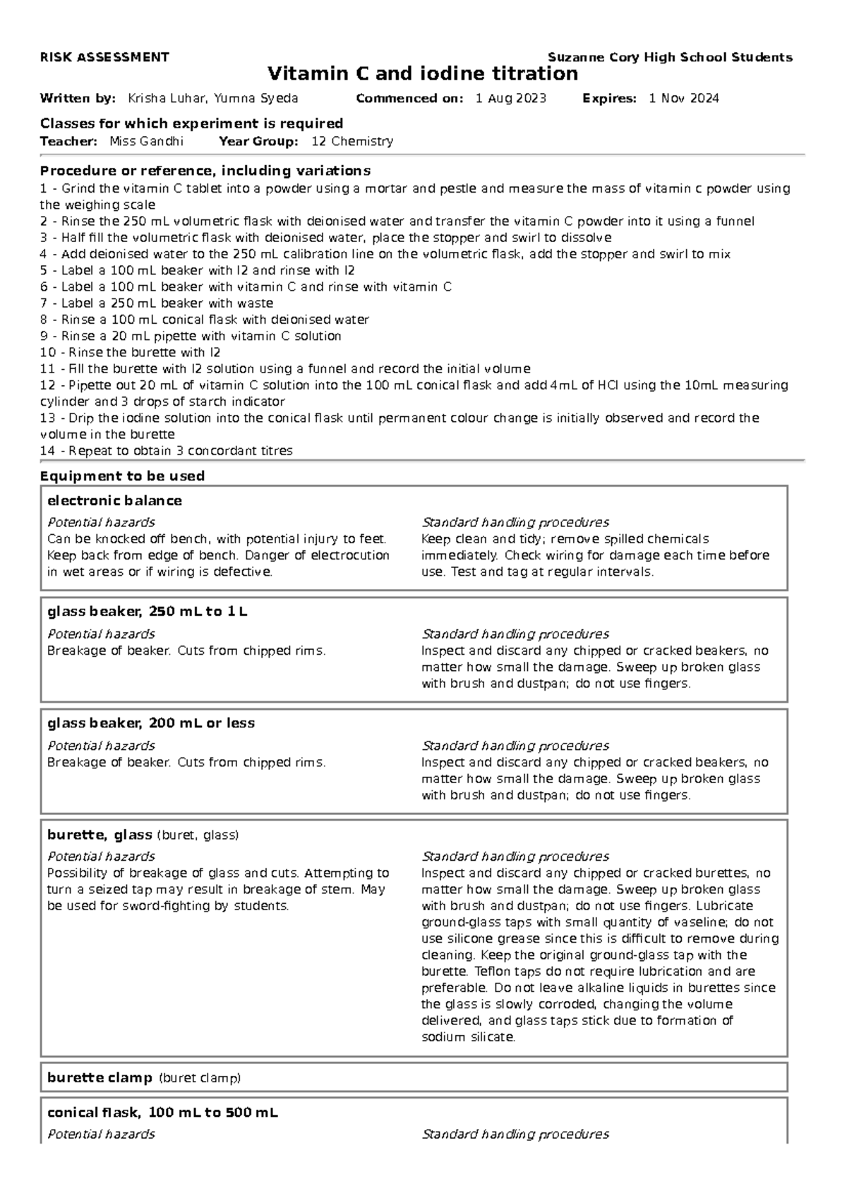 Vitamin c and iodine titration - electronic balance Potential hazards ...